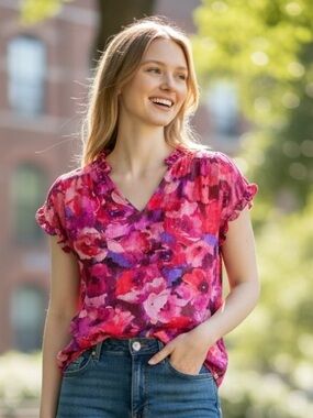 BEACON APPAREL Red and Pink Ruffle short sleeve blouse size large